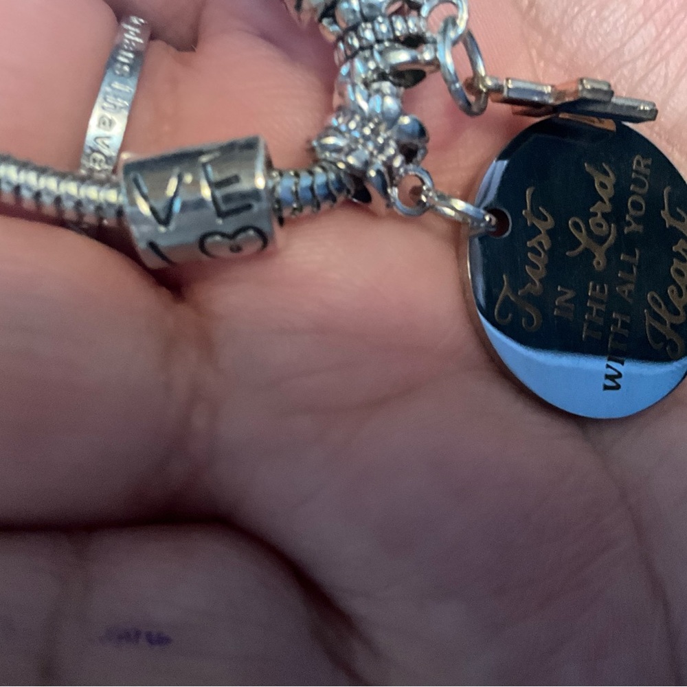 Silver Charm Bracelet with Engraved Inspirational Disc